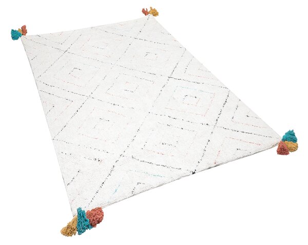 Koberec huňatý biely so strapcami 140 x 200 cm viacfarebný s geometrickým vzorom