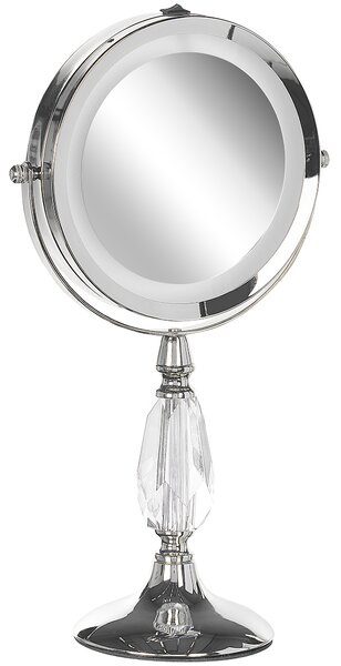 Kozmetické zrkadlo strieborný kovový rám ø 13 cm s LED osvetlením 1 x / 5 x zväčšenie obojstranné kúpeľňa spálňa