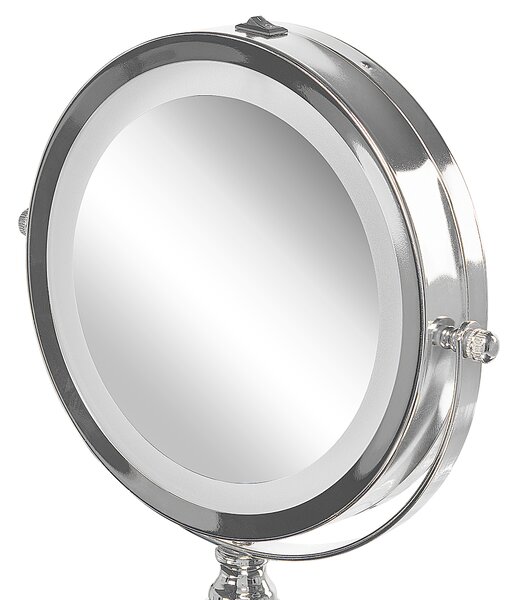 Zrkadlo na líčenie strieborný kovový rám ø 13 cm s LED osvetlením 1 x / 5 x zväčšenie obojstranné kozmetické zrkadielko