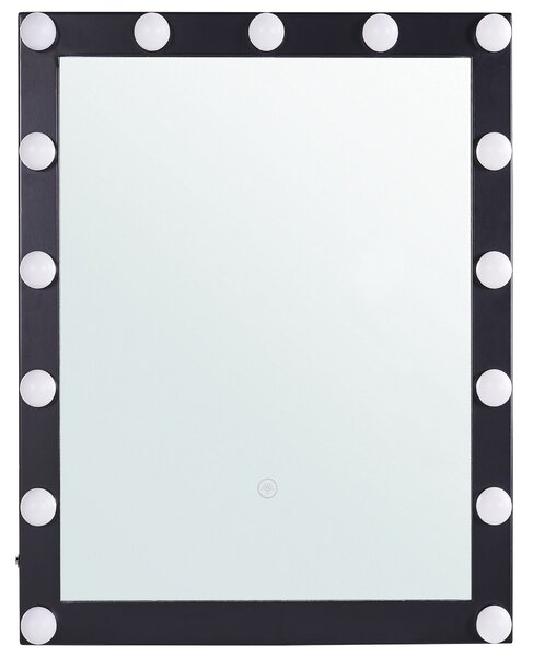 Nástenné kozmetické zrkadlo s LED svetlom čierne 50 x 60 cm obdĺžnikový tvar hollywoodske so žiarovkami toaletný stolík glamour štýl
