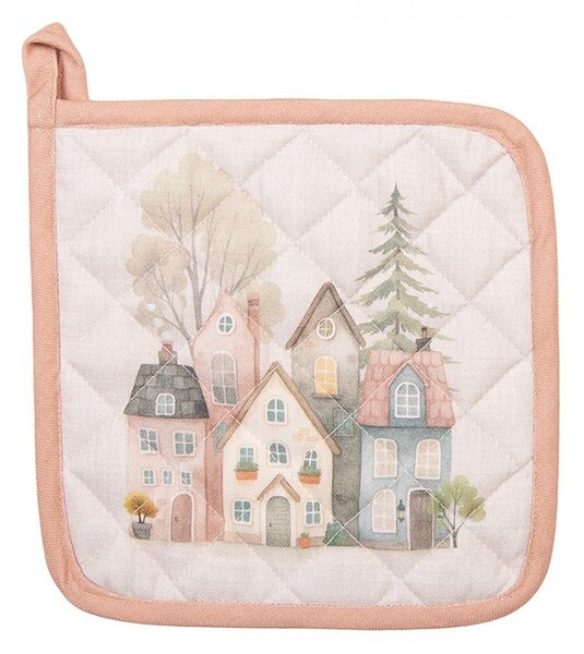 Béžová bavlnená chňapka - podložka so srdiečkami a domčekmi Hearts & Houses - 20*20 cm - Clayre & Eef
