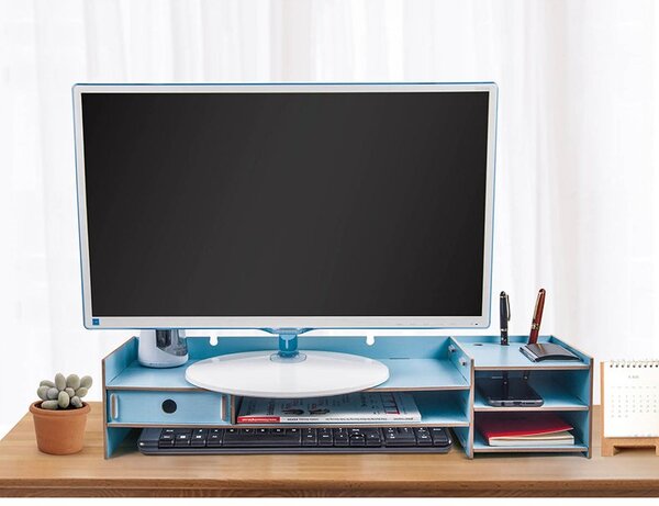DIY stojan pod monitor so zásuvkou modrý Modrá