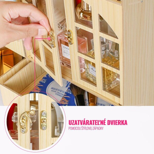 Drevená skrinka na kozmetiku s dvierkami, zrkadlom a zásuvkami H03 tmavé drevo