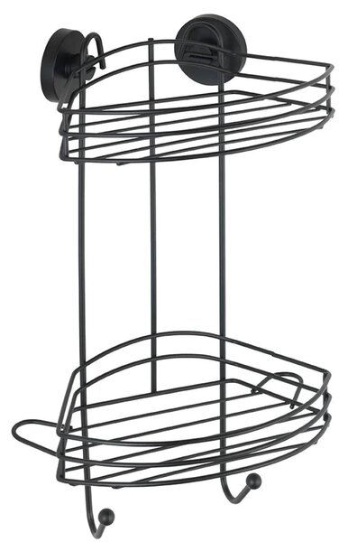 Nástenná dvojúrovňová rohová polica do kúpeľne Wenko Vacuum-Loc® Pavia / samonosná / kovová / výška 43 cm / čierna
