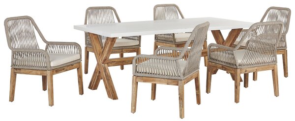 Záhradný jedálenský set sivý betónový stôl 6 prútených stoličiek moderný dizajn odolný voči počasiu