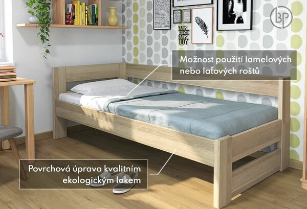 Rohová vyvýšená posteľ jednolôžko ELA ĽAVÁ, masív dub