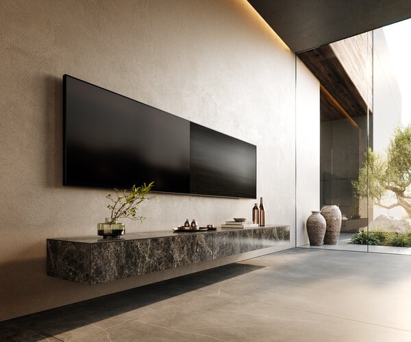 DELIFE TV stolík Cuor 250 cm keramika emperador extra leštená tmavohnedá 1 výklopné dvierka 1 zásuvka závesné
