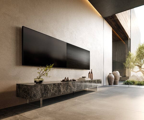 DELIFE TV stolík Cuor 250 cm keramika emperador extra leštená tmavohnedá 1 výklopné dvierka 1 zásuvka podstava závesná akrylové sklo