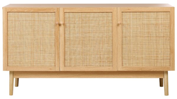 3-dverová komoda svetlé drevo drevotriesková doska borovicové drevo úložný priestor skrinky ratanová predná časť boho štýl obývačka spálňa