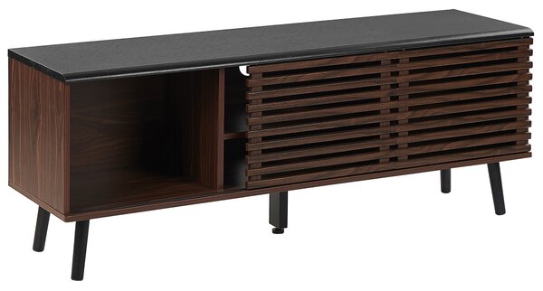 TV stolík tmavé drevo čierna MDF 54 x 140 x 40 cm 2 skrinky 2 police posuvné dvierka úložný priestor rustikálny štýl obývačka spálňa