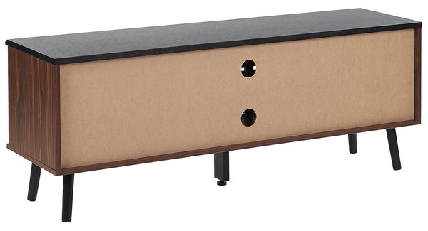 TV stolík tmavé drevo čierna MDF 54 x 140 x 40 cm 2 skrinky 2 police posuvné dvierka úložný priestor rustikálny štýl obývačka spálňa