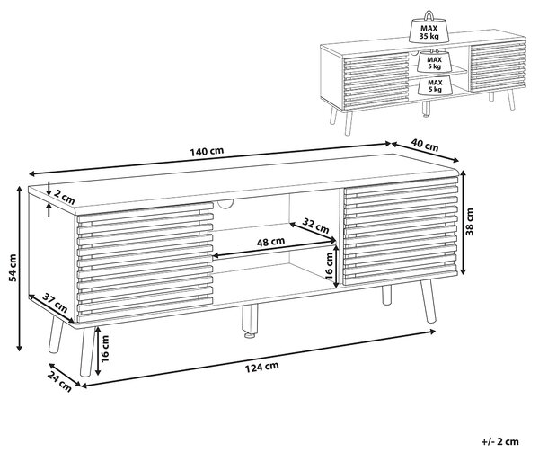 TV stolík tmavé drevo čierna MDF 54 x 140 x 40 cm 2 skrinky 2 police posuvné dvierka úložný priestor rustikálny štýl obývačka spálňa