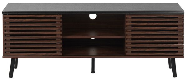 TV stolík tmavé drevo čierna MDF 54 x 140 x 40 cm 2 skrinky 2 police posuvné dvierka úložný priestor rustikálny štýl obývačka spálňa