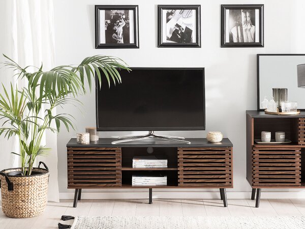 TV stolík tmavé drevo čierna MDF 54 x 140 x 40 cm 2 skrinky 2 police posuvné dvierka úložný priestor rustikálny štýl obývačka spálňa
