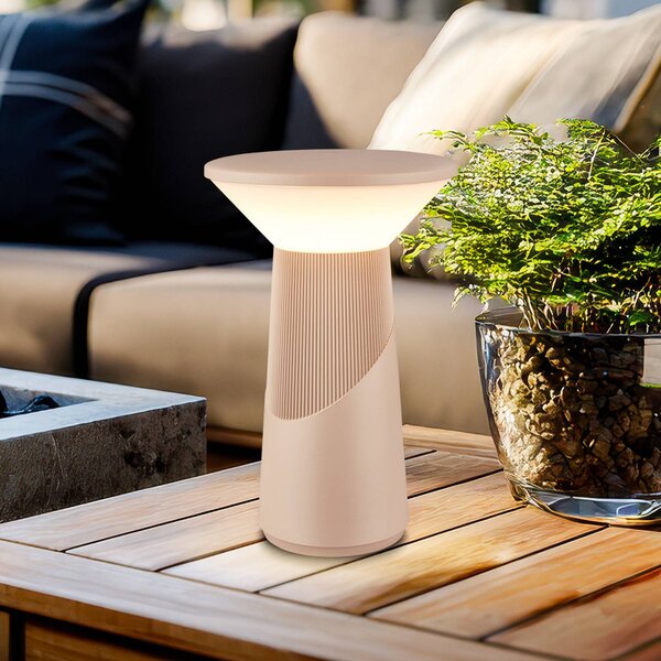 Briloner Stolová LED lampa na batériu Pilia, béžová, výška 24 cm, IP44, Krémová / jantárovo žltá, Obývacia izba / jedáleň, Plast, Moderný, Stojacie svietidlo