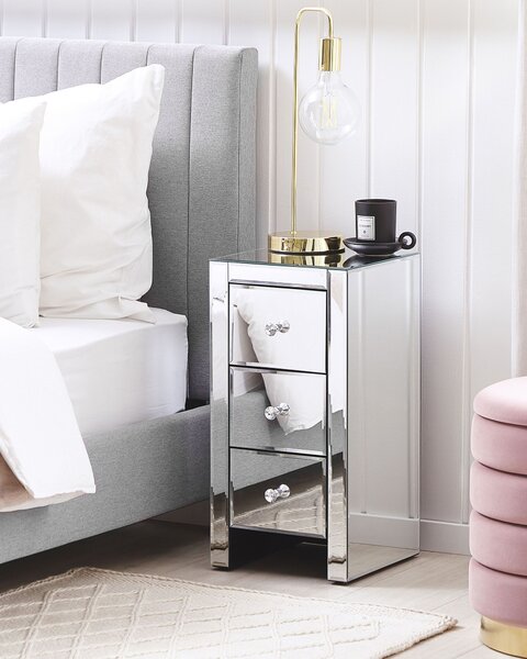 Komoda s 3 zásuvkami strieborný zrkadlový sklenený nočný stolík 60 x 30 x 30 cm moderný dizajn glamour