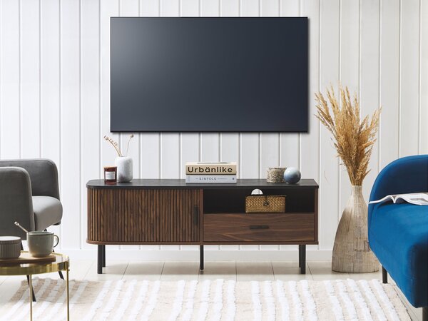 TV stolík tmavé drevo čierna MDF drevotrieska úložný priestor skrinka s posuvnými dvierkami zásuvka polica retro štýl obývačka