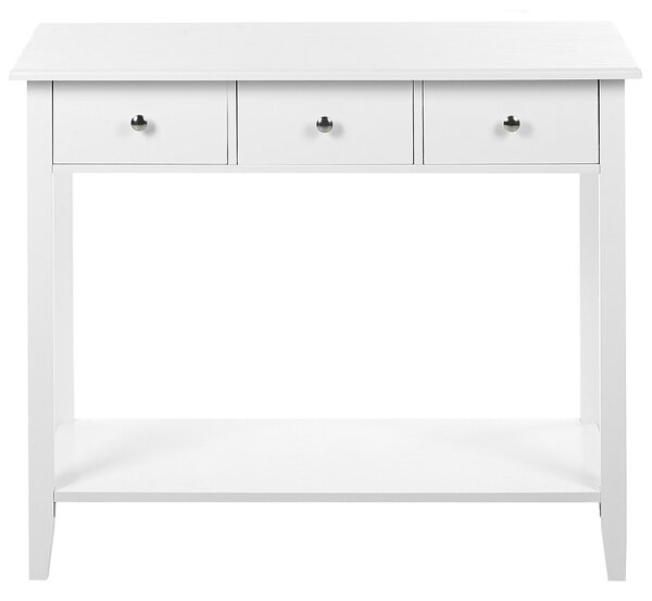 Konzolový stolík biely MDF drevené nohy 90 x 40 x 75 cm 3 zásuvky polica nábytok do obývačky a predsiene moderný dizajn