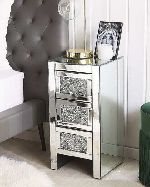 Nočný stolík strieborný so zrkadlovým efektom 3 zásuvky 60 x 30 x 30 cm moderný elegantný obývacia izba spálňa