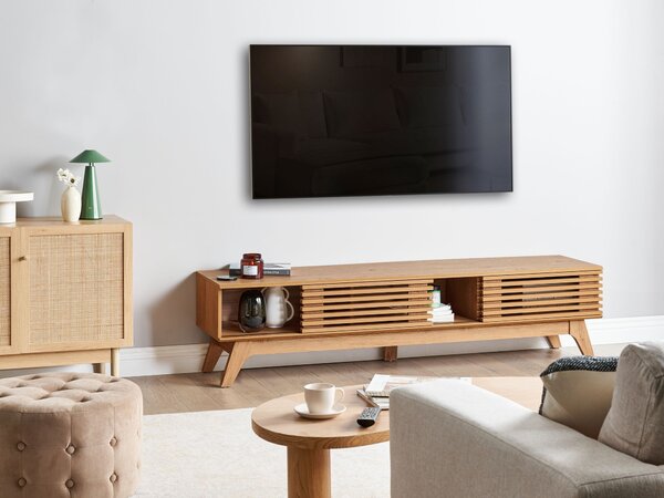 TV stolík hnedá drevotriesková doska 180 x 40 cm s úložnými policami otvor na káble moderný dizajn obývacia izba