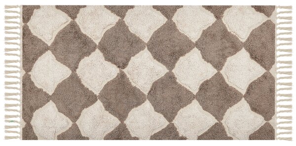 Koberec hnedá béžová bavlna 80 x 150 cm geometrický vzor so strapcami obdĺžnikový tvar boho orientálny štýl obývačka spálňa