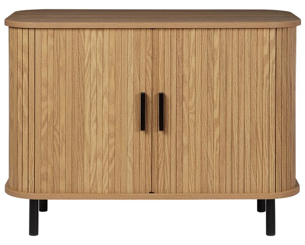 Komoda svetlé drevo čierne nohy MDF kov posuvné dvierka úložný priestor retro štýl obývacia izba