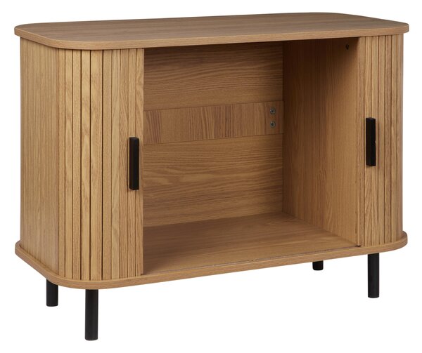 Komoda svetlé drevo čierne nohy MDF kov posuvné dvierka úložný priestor retro štýl obývacia izba