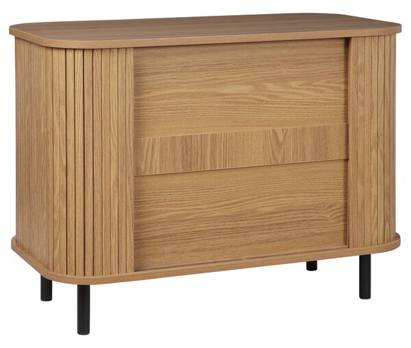 Komoda svetlé drevo čierne nohy MDF kov posuvné dvierka úložný priestor retro štýl obývacia izba