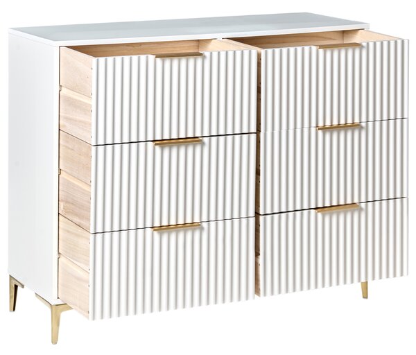 Komoda biela MDF so 6 zásuvkami kovové nohy drážkované zásuvky moderný dizajn spálňa obývacia izba