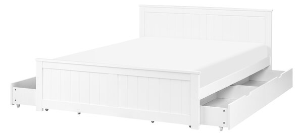 Posteľ biela borovicové drevo MDF 140 x 200 cm s čelom a úložnými zásuvkami minimalistický škandinávsky štýl spálňa detská izba