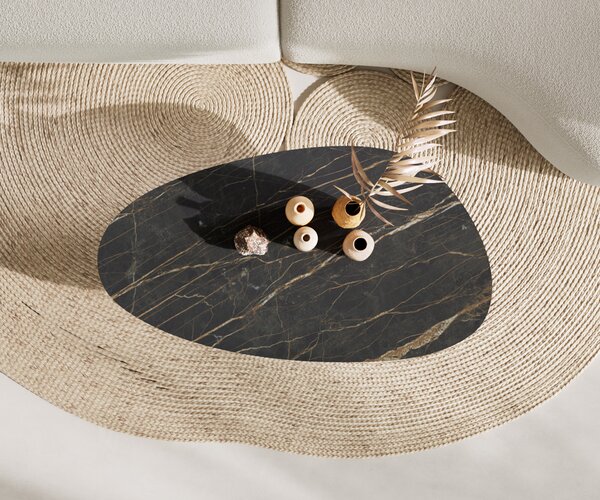 DELIFE Konferenčný stolík Edge oválny 140x75 cm keramika Laminam® Noir Desir hnedý Vibany kov čierny
