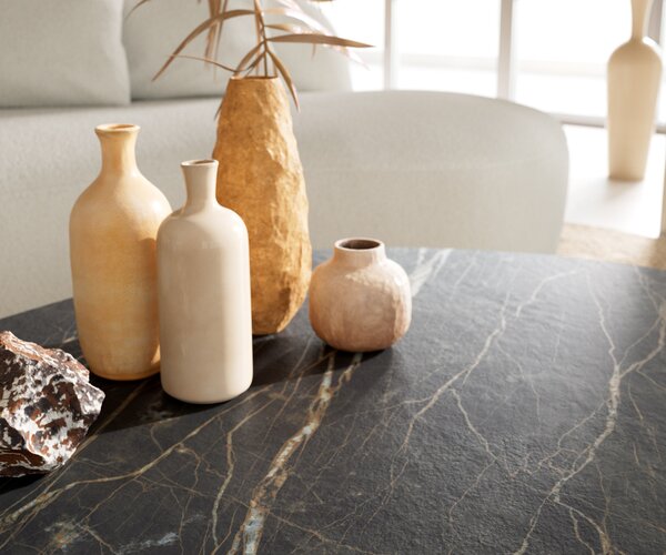 DELIFE Konferenčný stolík Edge oválny 140x75 cm keramika Laminam® Noir Desir hnedý Vibany kov čierny