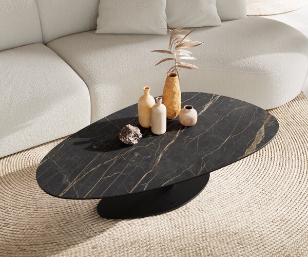 DELIFE Konferenčný stolík Edge oválny 140x75 cm keramika Laminam® Noir Desir hnedý Vibany kov čierny