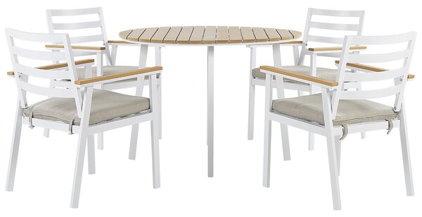 Vonkajšia jedálenská súprava z bieleho hliníka okrúhly stôl pre 4 osoby priemer stola 105 cm 4 lamelové stoličky s béžovými vankúšmi