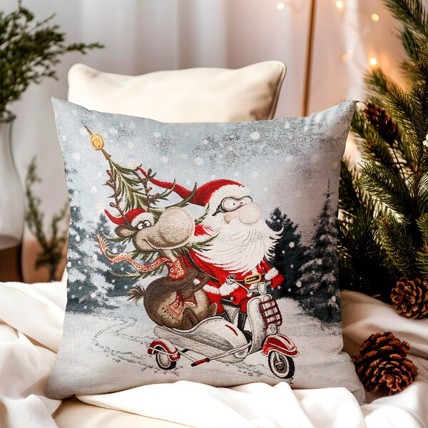 Vianočná gobelínová obliečka na vankúš Santa na skútri Chenille IT045 Farba Viacfarebná Rozmery 42x42 cm