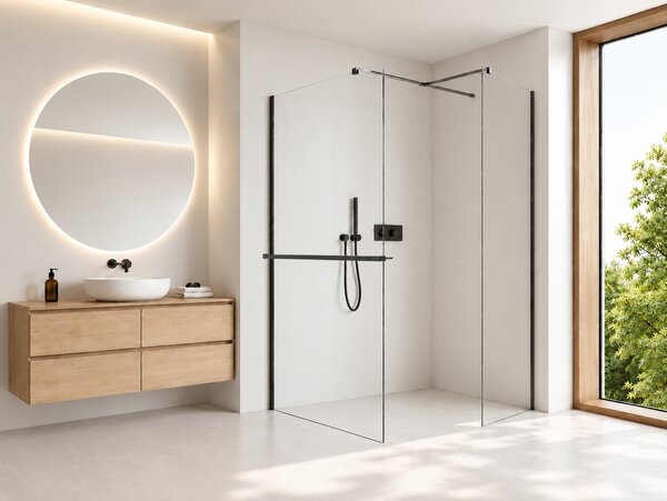 CERANO - Sprchová zástena Walk-in Onyx T L/P - 8 mm - hranatá vzpera + polička/držiak na uteráky - čierna matná, transparentné sklo - 40x40x200 cm