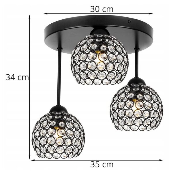 Stropné svietidlo Crystal, 3x čierne krištáľové tienidlo, o