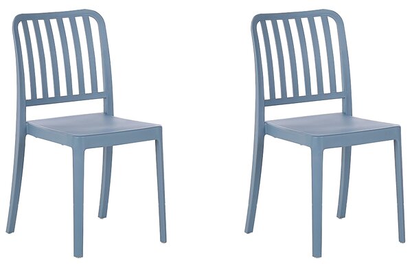 Sada 2 záhradných stoličiek modrá plastová stohovateľné ľahké stoličky do interiéru a exteriéru odolné voči poveternostným vplyvom
