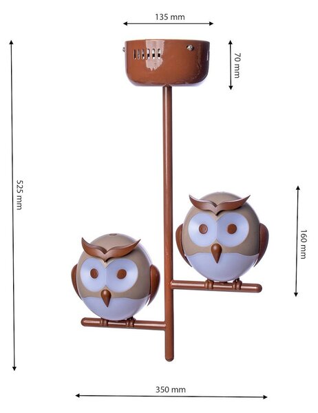 Detské stropné svietidlo Owl, 2x hnedé plastové tienidlo, br