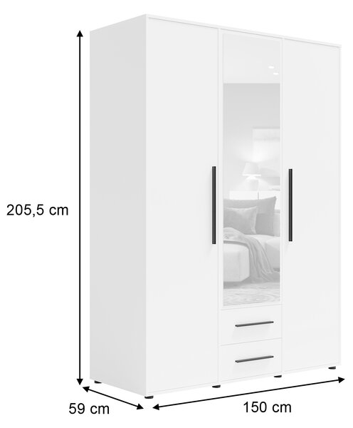 Šatníková skriňa so zrkadlom Maxione 150x205x59 - biela