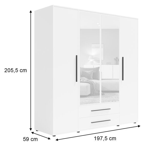 Šatníková skriňa so zrkadlom Maxione 197x205x59 - biela