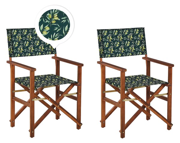 Sada 2 záhradných stoličiek tmavé akáciové drevo krémový látkový poťah náhradný poťah so vzorom olív skladacie stoličky
