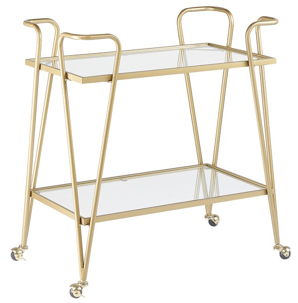 Kuchynský vozík zlatý kovový rám sklenená doska 75 x 45 cm na kolieskach otvorený úložný priestor glamour obývacia izba