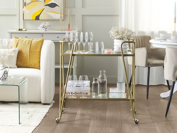 Kuchynský vozík zlatý kovový rám sklenená doska 75 x 45 cm na kolieskach otvorený úložný priestor glamour obývacia izba