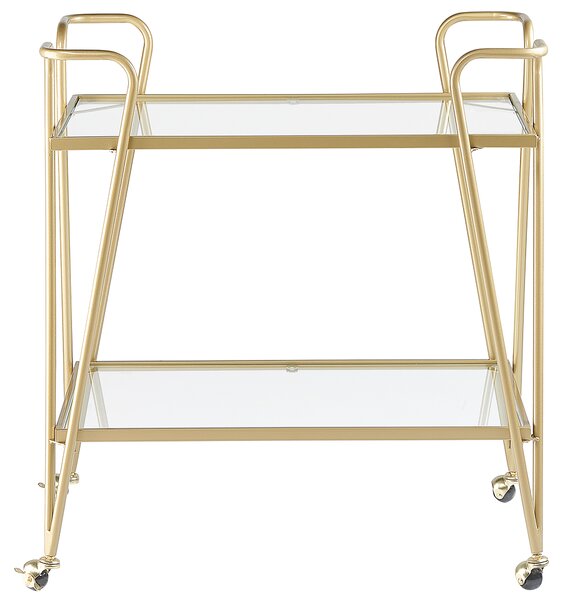 Kuchynský vozík zlatý kovový rám sklenená doska 75 x 45 cm na kolieskach otvorený úložný priestor glamour obývacia izba