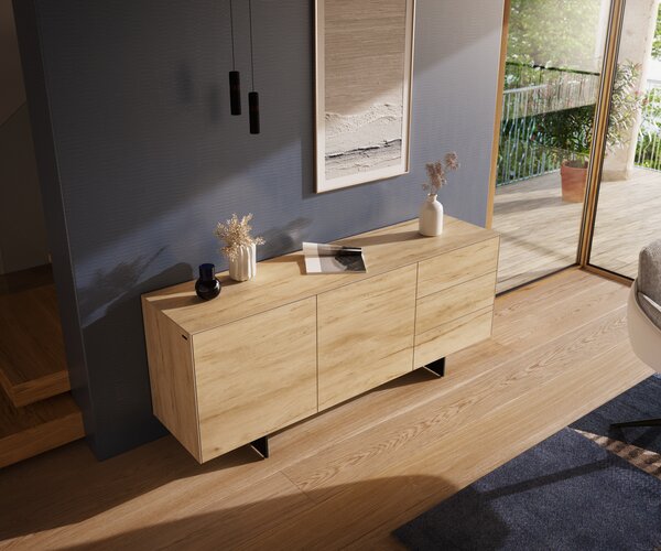 DELIFE Komoda Cuor 180 cm keramika Laminam® sabbia dubová farba 2 dvierka 3 zásuvky podstava závesná kov čierna