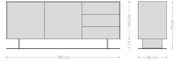 DELIFE Komoda Cuor 180 cm keramika Laminam® sabbia dubová farba 2 dvierka 3 zásuvky podstava závesná kov čierna