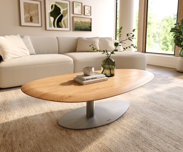 DELIFE Konferenčný stolík Edge oválny 140x75 cm dub prírodný okrúhla hrana Vibany nerezová oceľ kefovaná