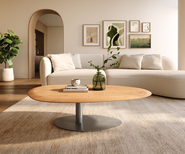 DELIFE Konferenčný stolík Edge oválny 140x75 cm dub prírodný okrúhla hrana Vibany nerezová oceľ kefovaná