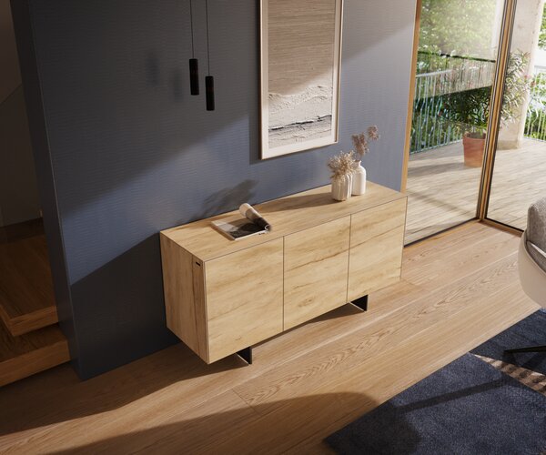 DELIFE Komoda Cuor 150 cm keramika Laminam® sabbia dubová farba 3 dvierka závesná podstava kov čierna